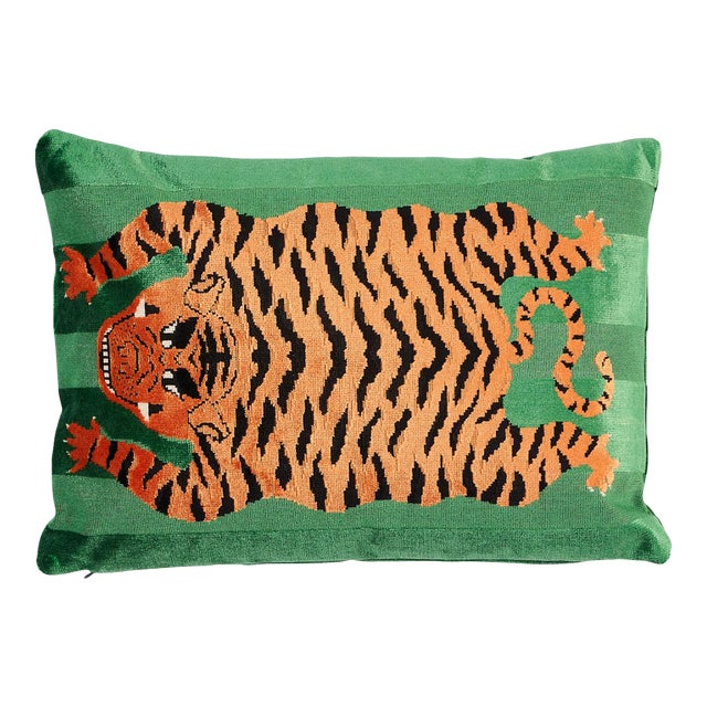 Schumacher x Johnson Hartig Jokhang Tiger Velvet 20" Lumbar Pillow in Green For Sale