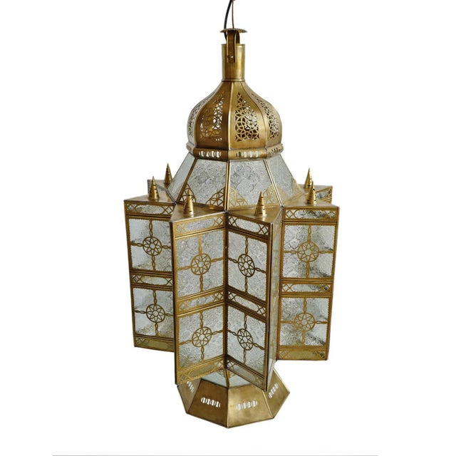 Late 20th Century Moroccan Vintage Brass & Etched Glass Pendant Light For Sale - Image 5 of 12