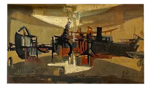 Paul Delapoterie, Construction Site Landscape, 1960s, Oil on Wood, Framed
