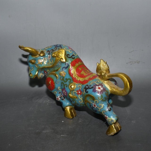 Vintage Cloisonne Enamel Bull Figurine – 11" Gilt Ox Sculpture With Floral Motif For Sale - Image 17 of 18