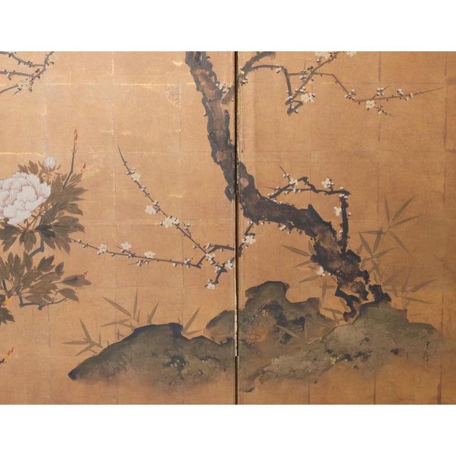 "Plum Blossom, Peony, Iris", 1970s Showa Era Japanese Painted Byobu Screen For Sale In Dallas - Image 6 of 18