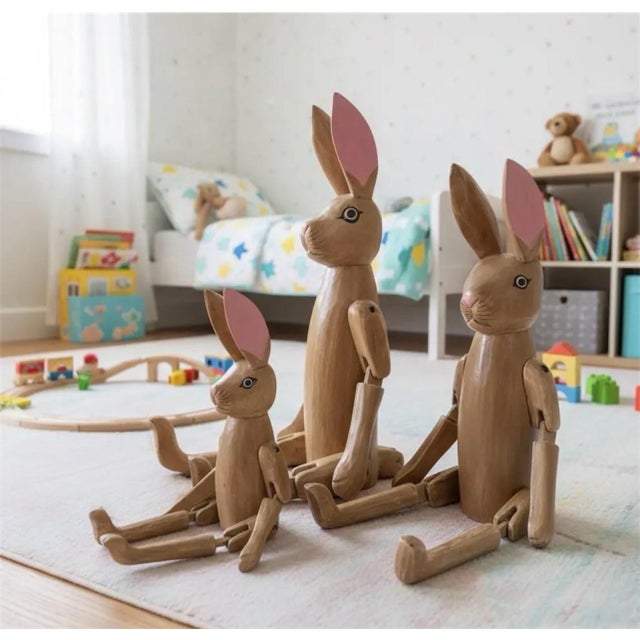 Folk Art Vintage Hand-Carved Articulated Wooden Rabbit Family - Set of 3 For Sale - Image 3 of 5