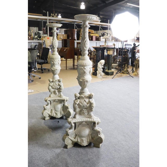20th C Pair White Marble Figural Carved Pedestals Plantstands For Sale - Image 12 of 13