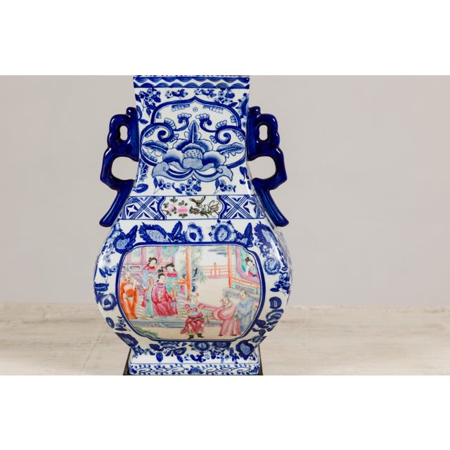 Ceramic Blue and White Porcelain Table Lamp with Hand-Painted Court Scenes For Sale - Image 7 of 12
