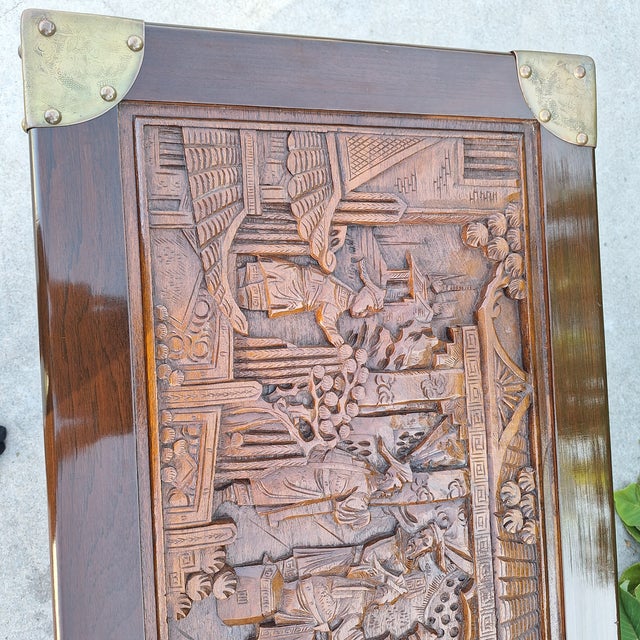 1960s George Zee Hand-Carved Chinese Camphor Wood & Brass Trunk For Sale In San Diego - Image 6 of 12