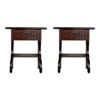 20th Pair of Narrow Spanish Nightstands With Carved Drawer and Low Shelve For Sale