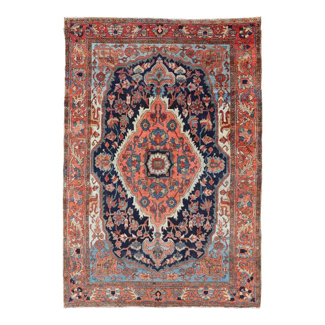 Antique Persian Serapi-Heriz Rug With Geometrics Design in Midnight Blue 7'3"x11'0" For Sale