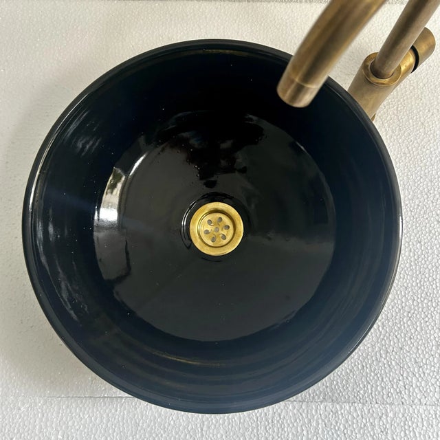 Metal Black Round Ceramic Blacked Vanity Vessel Sink Basin, Brass Drain For Sale - Image 7 of 9