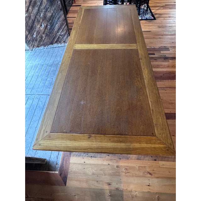 Wood Vintage A. Brandt Oak 8-Foot Trestle Dining Table With Drawers For Sale - Image 7 of 9