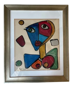 Mid 20th Century Cubist Style Face Portrait Painting by Peter Keil, Framed