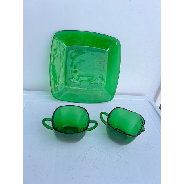 Glass Vintage Mid Century 1940 Green Glass Sugar Bowl, Creamer & Plate Set of 4 For Sale - Image 7 of 9