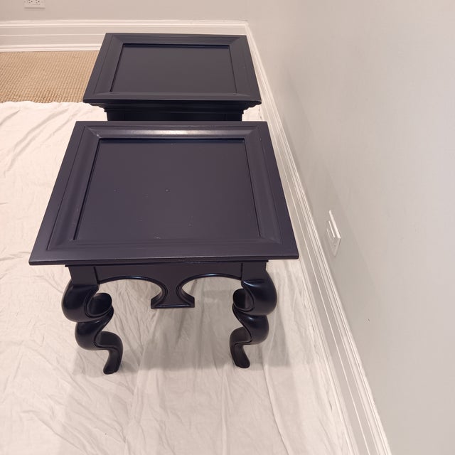 Mid Century Modern/Hollywood Regency/French Provincial Solid Wood Navy Blue End Table - A Pair For Sale - Image 11 of 18