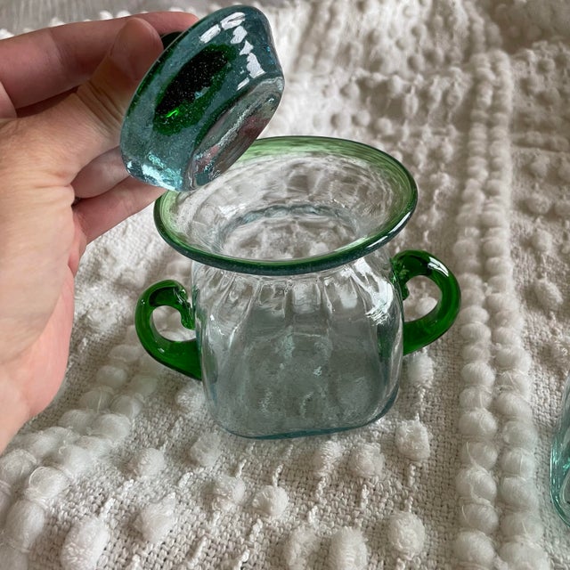 Mexican Vintage Hand Blown Green Glass Jar With Lid and Small Pitcher Set Unique Bubble Glass Organic Shape Characterized...