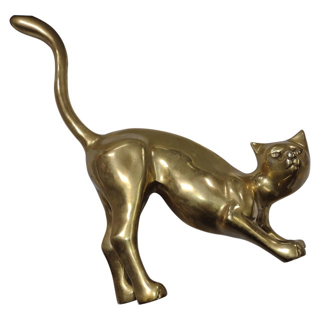 Vintage Brass Stretching Cat Statue For Sale
