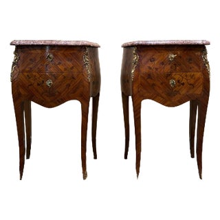 Louis XV Style Marquetry and Marble Bedside Tables, Set of 2 For Sale