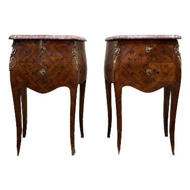 Louis XV Style Marquetry and Marble Bedside Tables, Set of 2 For Sale