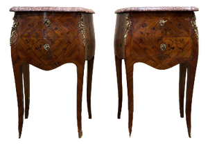 Louis XV Style Marquetry and Marble Bedside Tables, Set of 2