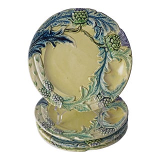 Antique Asparagus & Artichoke 4 French Majolica Plate Set Barbotine Country Decor Fives Lille For Sale