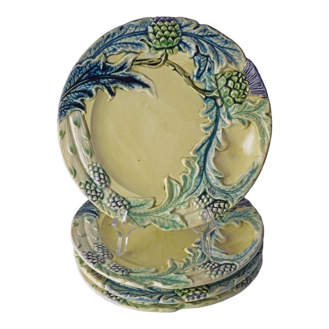 Antique Asparagus & Artichoke 4 French Majolica Plate Set Barbotine Country Decor Fives Lille For Sale