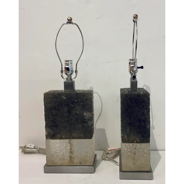 Baker Furniture Company Baker Modern Textured Gray Carved Crystal Table Lamps Pair For Sale - Image 4 of 5