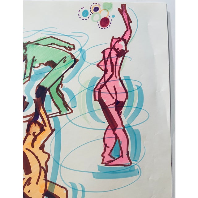 1980s marker painting of three female nudes figures by Pennsylvania artist John Reilly (1942-2021). Estate stamp verso....
