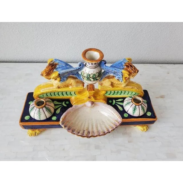 Renaissance Antique Italian Renaissance Majolica Double Inkwell For Sale - Image 3 of 11