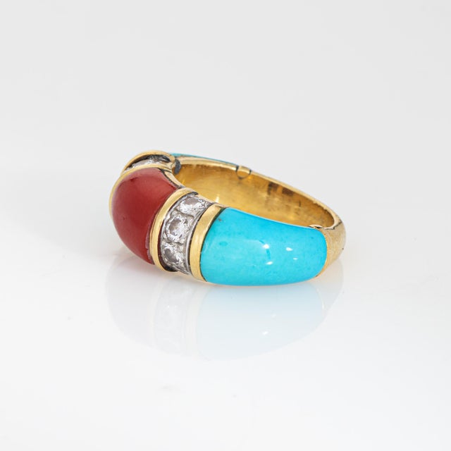 70s Vintage Turquoise Coral Diamond Band Sz 5 Ring 18k Yellow Gold Fine Jewelry For Sale - Image 4 of 7