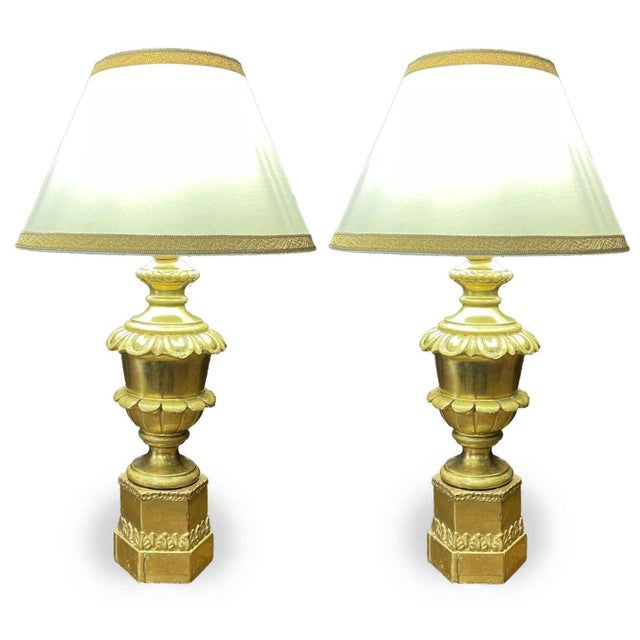 Wood Antique Gilded Pendant Lamps with Lampshades, Set of 2 For Sale - Image 7 of 7
