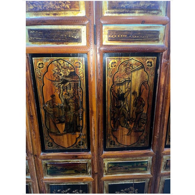 Early 20th century Six- panel Bamboo Chinese Screen. Beautiful colors and excellent patina. Good condition, splits in panels