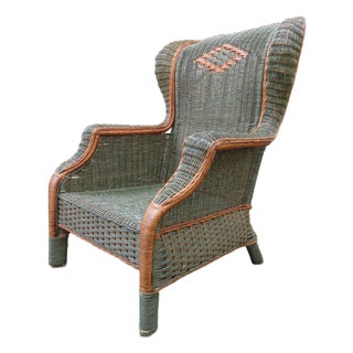 Vintage Palecek Wicker Rattan Wingback Chair ~ Victorian Style ~ Throne Armchair For Sale