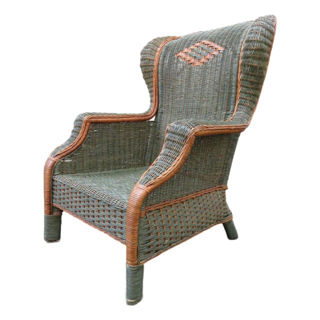 Vintage Palecek Wicker Rattan Wingback Chair ~ Victorian Style ~ Throne Armchair For Sale