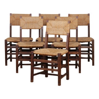 Vintage French Oak Straw-Seated Chairs, 1950, Set of 6 For Sale