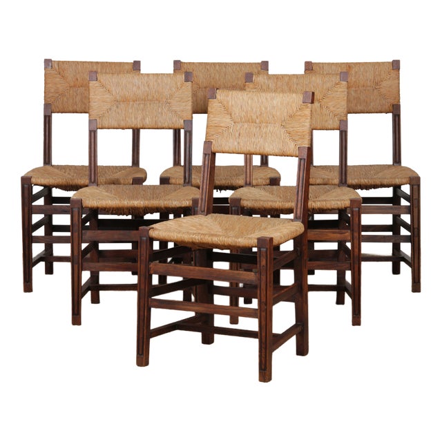 Vintage French Oak Straw-Seated Chairs, 1950, Set of 6 For Sale