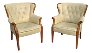 Pair Mid 20th Century Mahogany and Tufted Vinyl Upholstered Wingback Chairs
