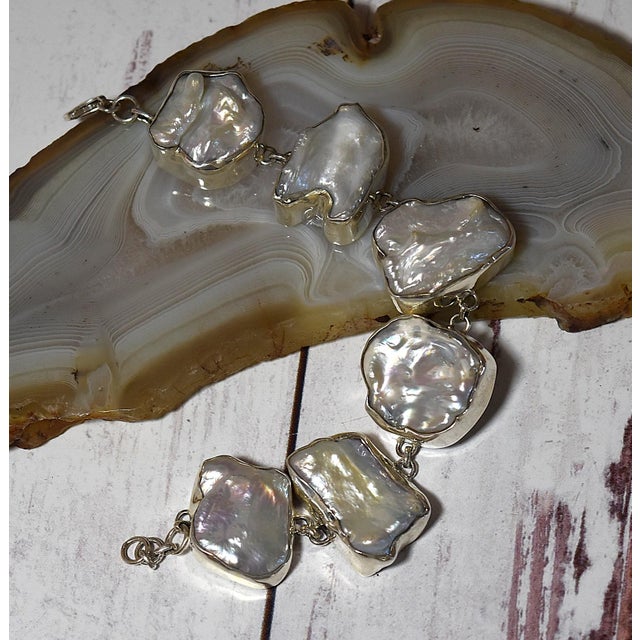 Contemporary White Freshwater Baroque or Keshi Pearl Sterling Silver Link Bracelet For Sale - Image 3 of 18