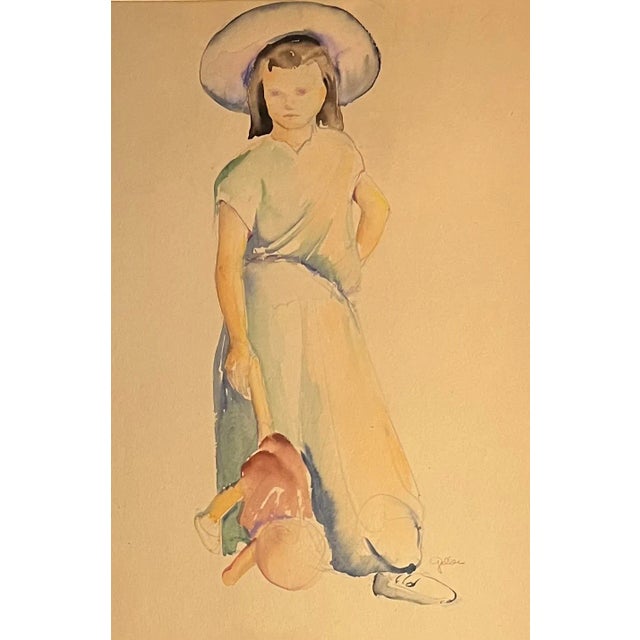 American 1920's Art Deco watercolor painting portrait of a girl signed Geller. Full length impressionist portrait of a...