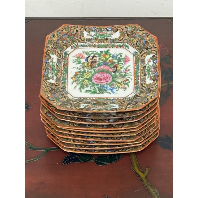 Antique Canton Rose Thousand Butterflies Porcelain Plates, Set of Ten For Sale - Image 12 of 12