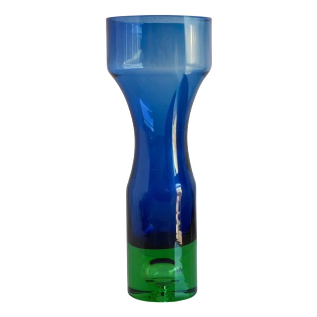 Mid-Century Modern Scandinavian Bright Blue and Emerald Green Glass Vase from Borgström Åseda, Sweden For Sale
