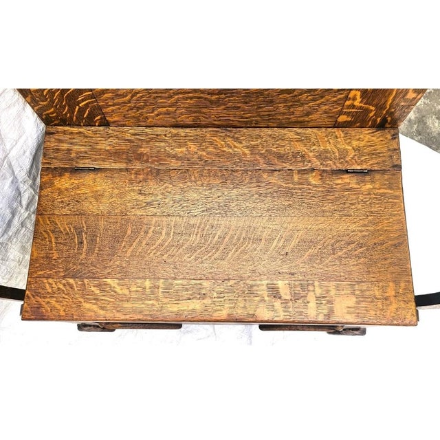 Antique American Tiger Oak Hall Tree With Carved Crest, Beveled Mirror & Storage Bench, C. 1900 For Sale - Image 12 of 18