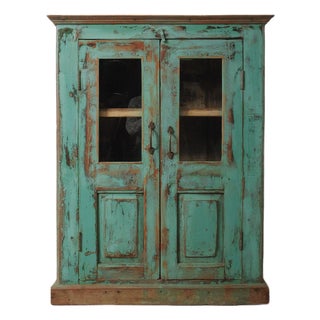 Weathered Green Painted Wood Cabinet With Glazed Doors and Brass Hardware For Sale