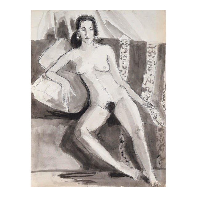 Nude Woman on Striped Chair #2 in Charcoal and Gouache on Paper by Katherine Kallick For Sale