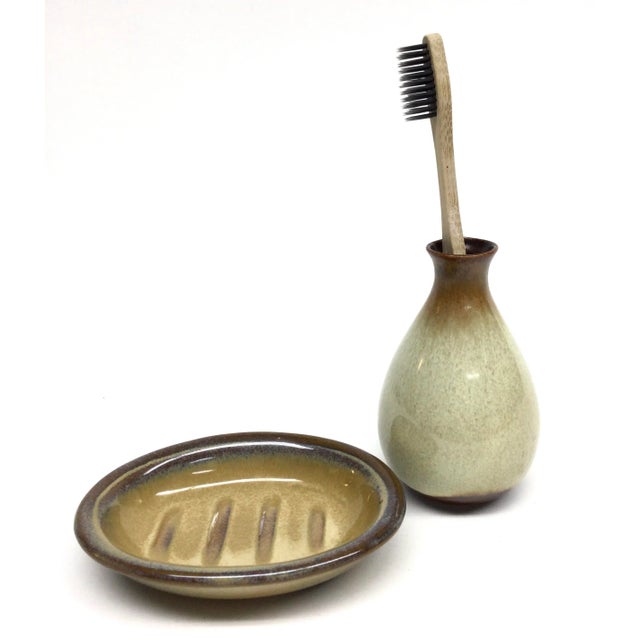 1990s Vintage Studio Hand Turned Pottery Soap & Toothbrush Holder - a Set For Sale - Image 5 of 9