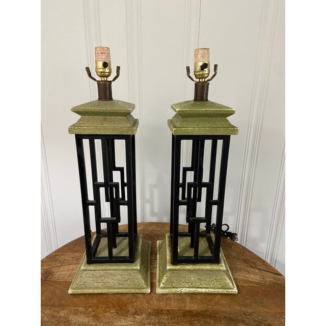 Metal Vintage Mid Century Modern Art Deco Style Cage Lamps, a Pair For Sale - Image 7 of 7