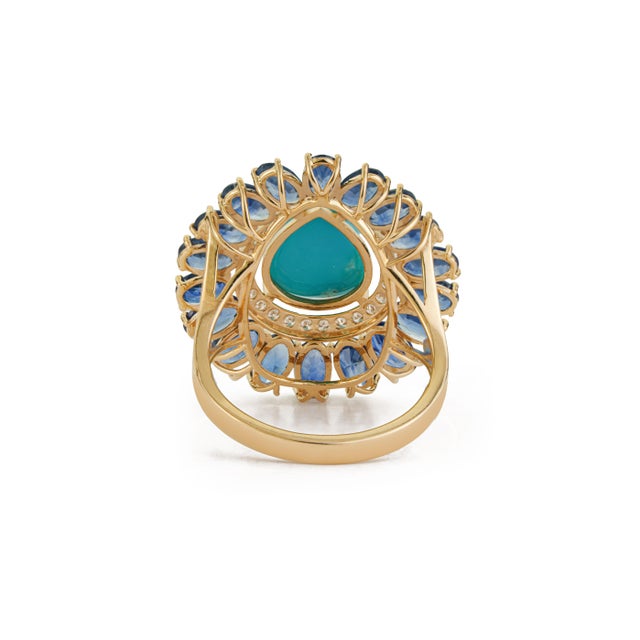 14k Yellow Gold 8.41ct Turquoise, Blue Sapphire & Diamond Floral Art Deco Ring Size 6.5 For Sale - Image 10 of 18