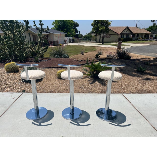 1980s Vintage Postmodern Japanese Chrome Swivel Counter or Barstools Boucle - Set of 3 For Sale - Image 11 of 13