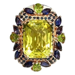 Bochic “Capri” Vintage Sapphire, Peridot & Lemon Quartz Ring Set In 18K Gold & Silver For Sale