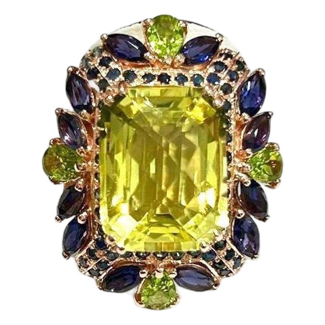 Bochic “Capri” Vintage Sapphire, Peridot & Lemon Quartz Ring Set In 18K Gold & Silver For Sale