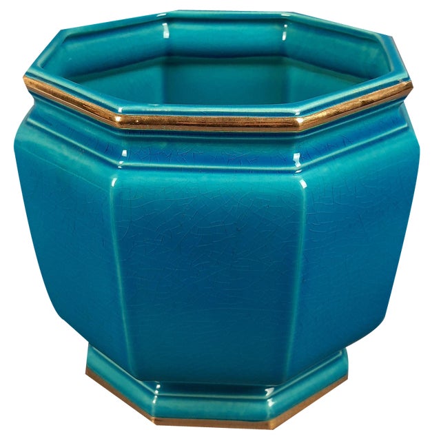 Vintage Octagonal Ceramic Vase in Turquoise Gold Crackle SC3 N.849, Italy, 1950s For Sale