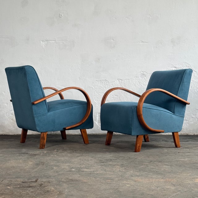 Blue H-410 Lounge Chairs attributed to Jindrich Halabala for Up Závody, 1930s, Set of 2 For Sale - Image 8 of 11