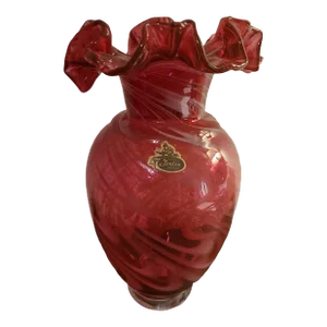 1970s Fenton Cranberry Swirl Glass Ruffled Edge Vase